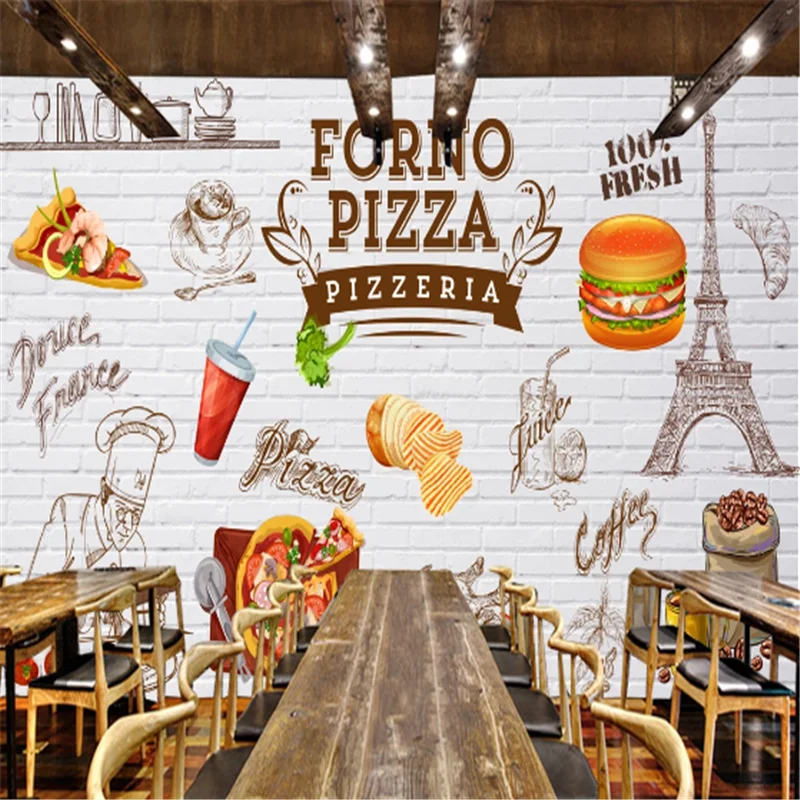 Burgers Fast Food Restaurant Wall Paper 3D Pizza Dessert Snack Bar Industrial Decor Brick Wall Background Mural Wallpaper 3D