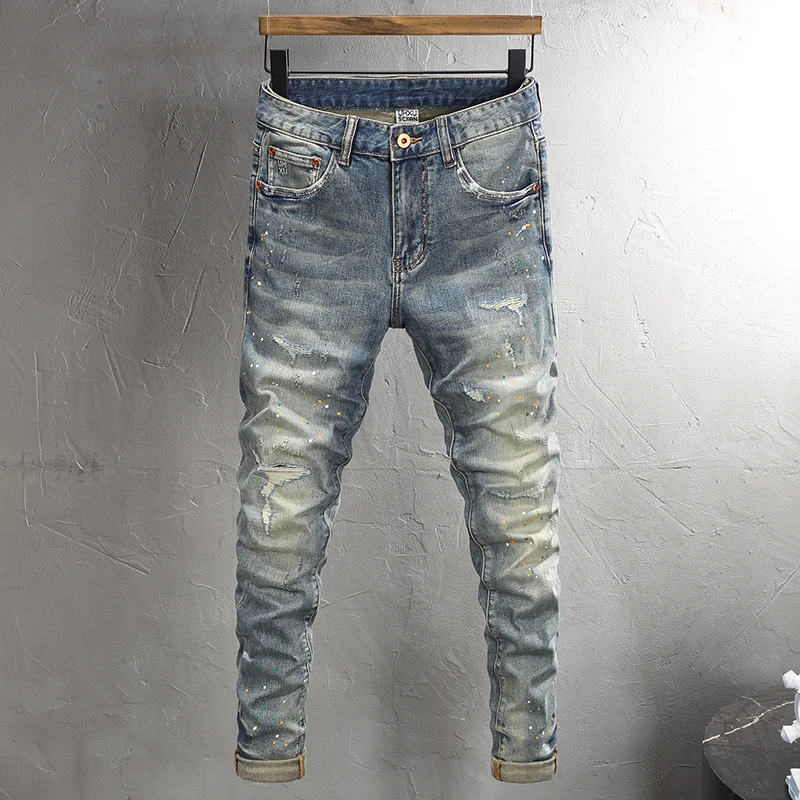 

High Street Fashion Men Jeans Retro Washed Blue Stretch Slim Fit Ripped Jeans Men Painted Designer Vintage Denim Pants Hombre