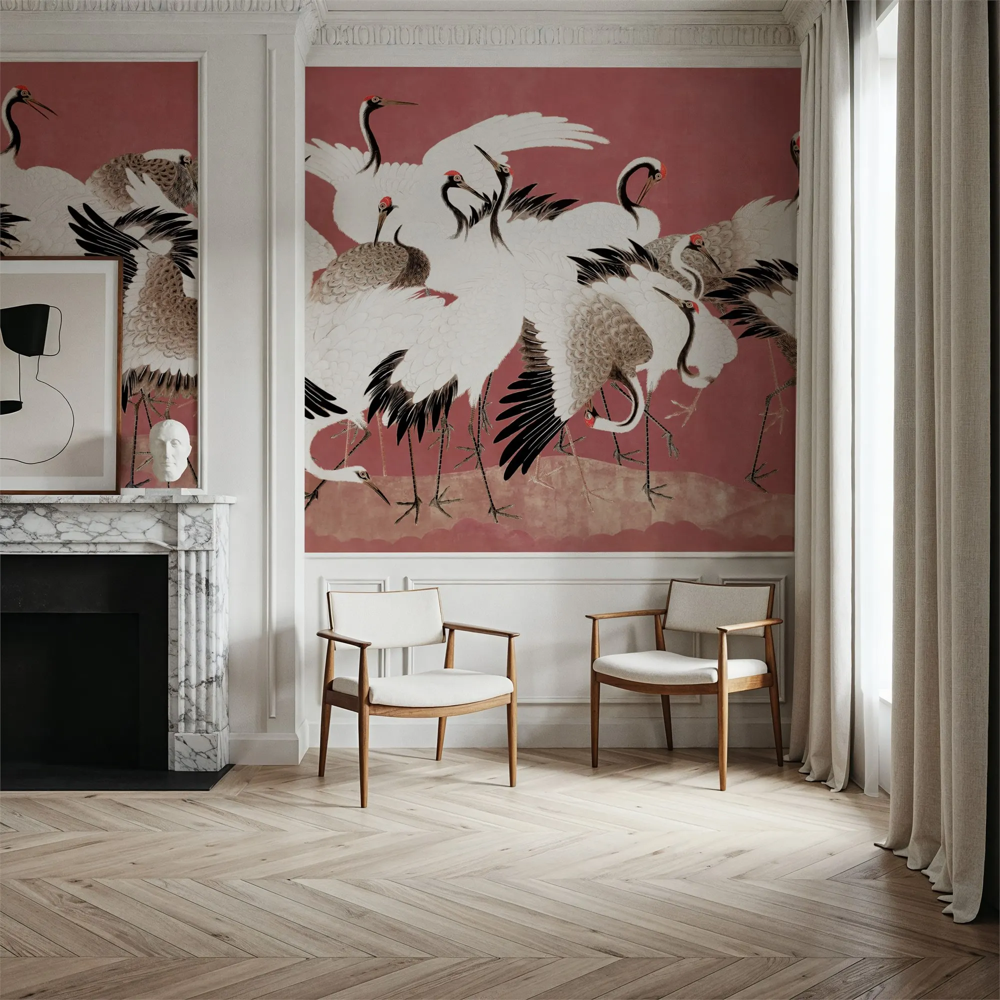Japanese Flock of Cranes Coral Blush Under the Sea Wallpaper Custom Wall Mural for Bedroom