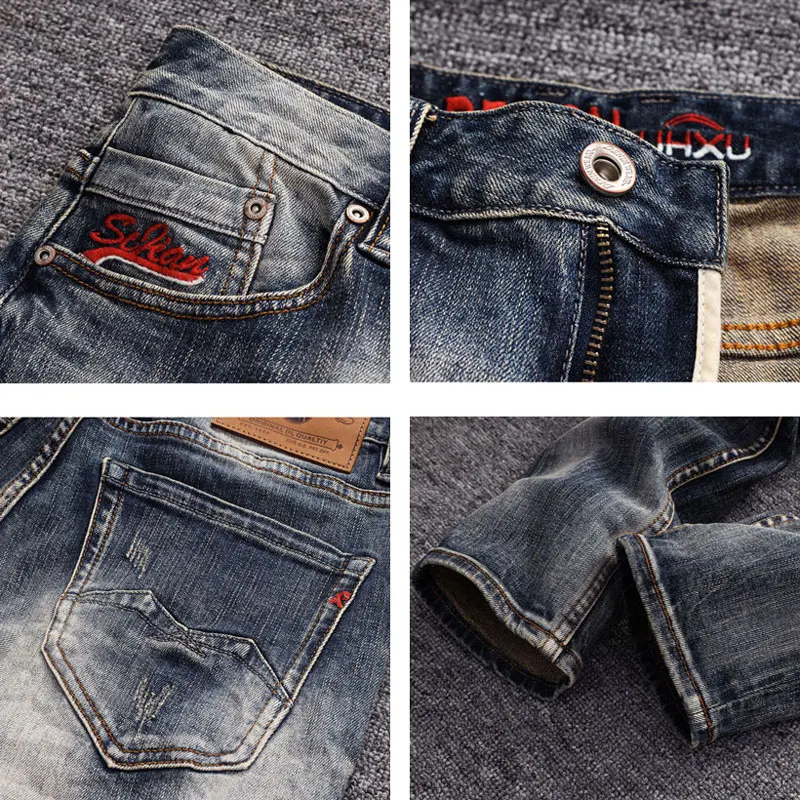 Fashion Vintage Men Jeans High Quality Retro Washed Blue Elastic Slim Fit Ripped Jeans Men Embroidery Designer Denim Pants Homme
