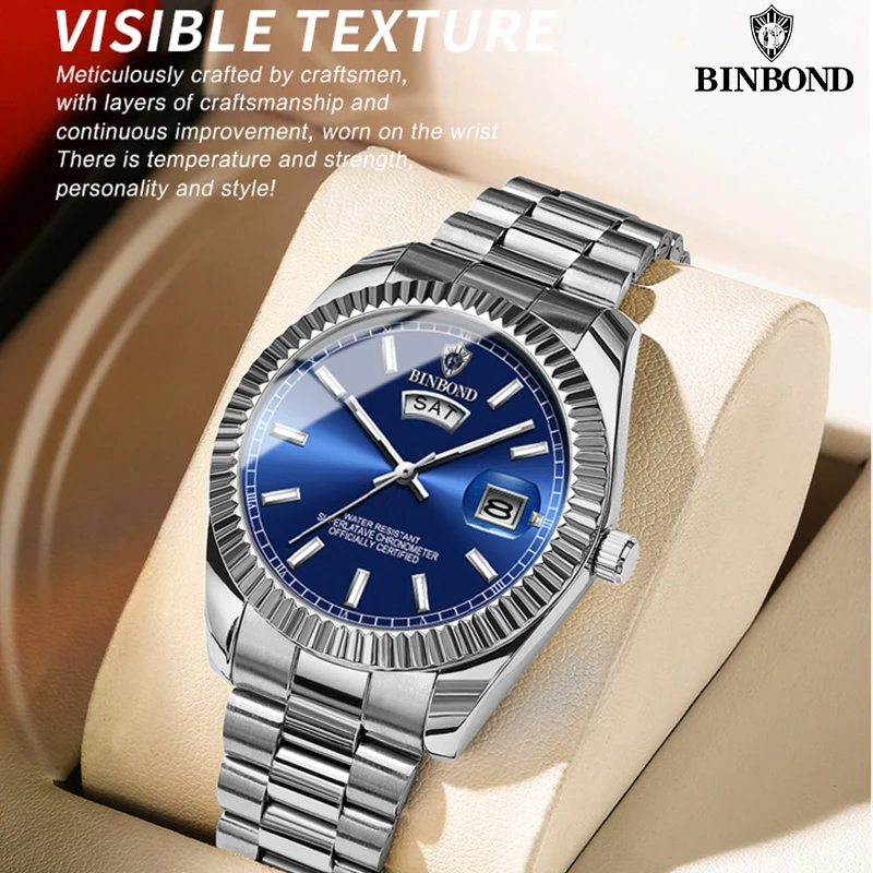 BINBOND Men's Brand Fashion Business Sports Quartz Watch 30M Waterproof Luminous Classic Calendar Creative Clock Mens Wristwatch