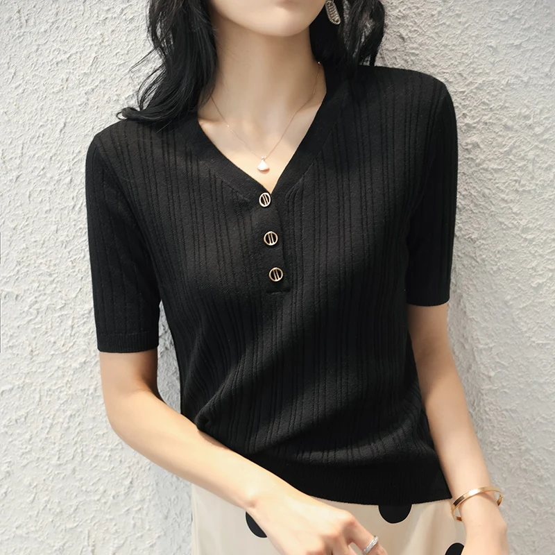 

ice knit short sleeve women summer thin tense v-neck cotton thread half sleeve loose T-shirt cotton and linen bottom jacket