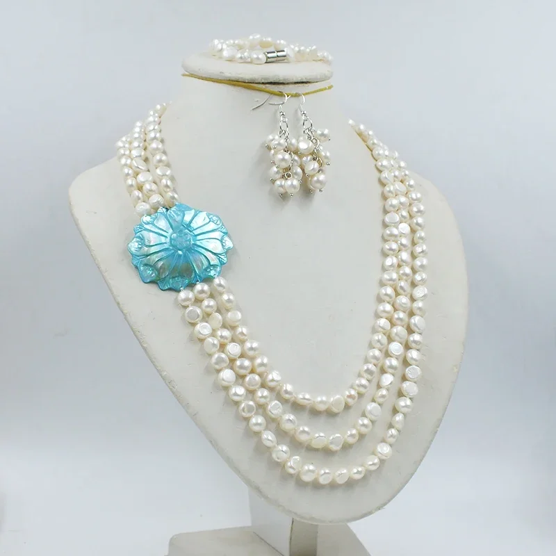 8MM natural white freshwater Baroque pearl necklace/bracelet/earring set. European Fashion Women's Wedding Jewelry
