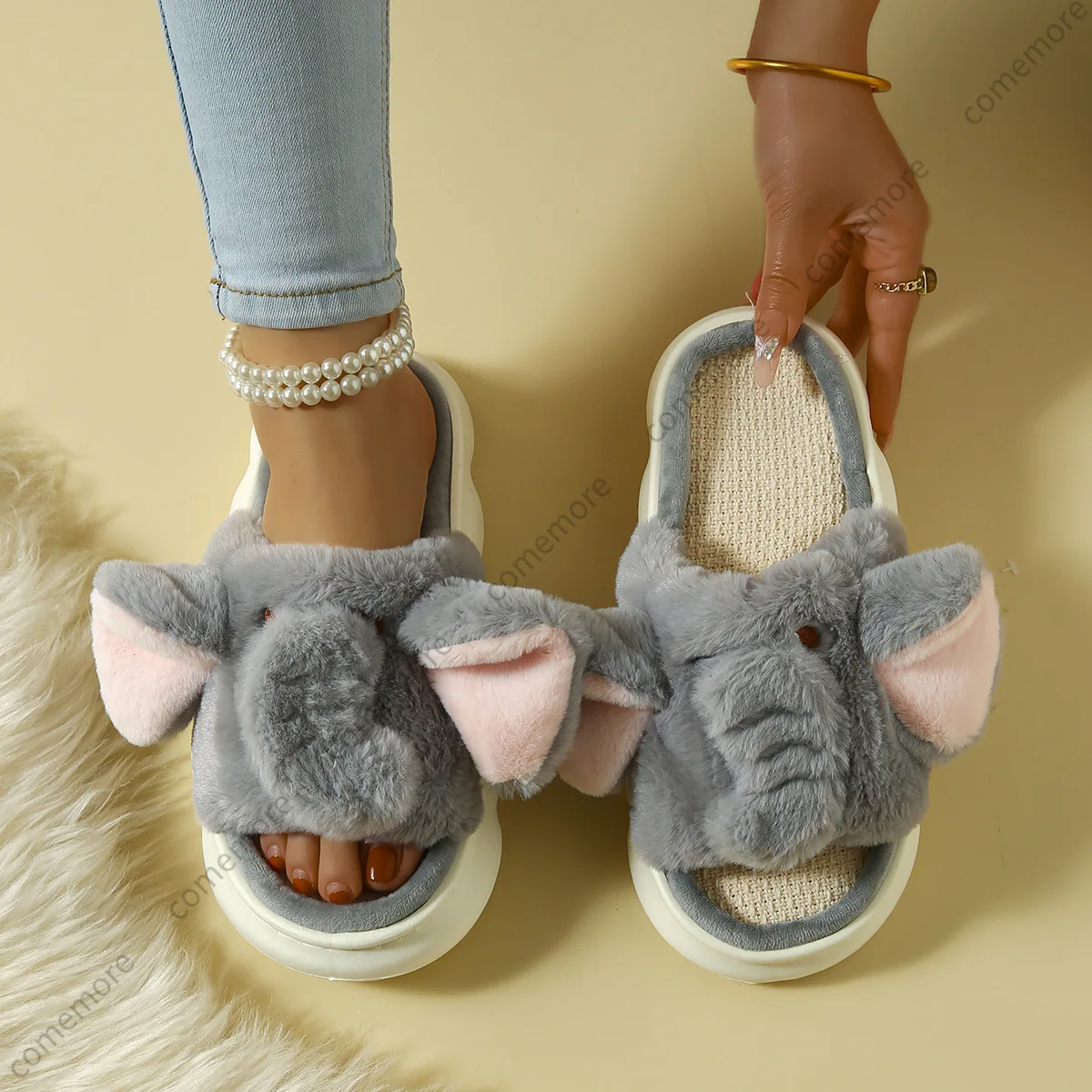 Winter New Women's Elephant Slipper Woman Fuzzy Fleece Piglet Slides Shoes Ladies Slippers Indoor Home Shoes Furry Loafer