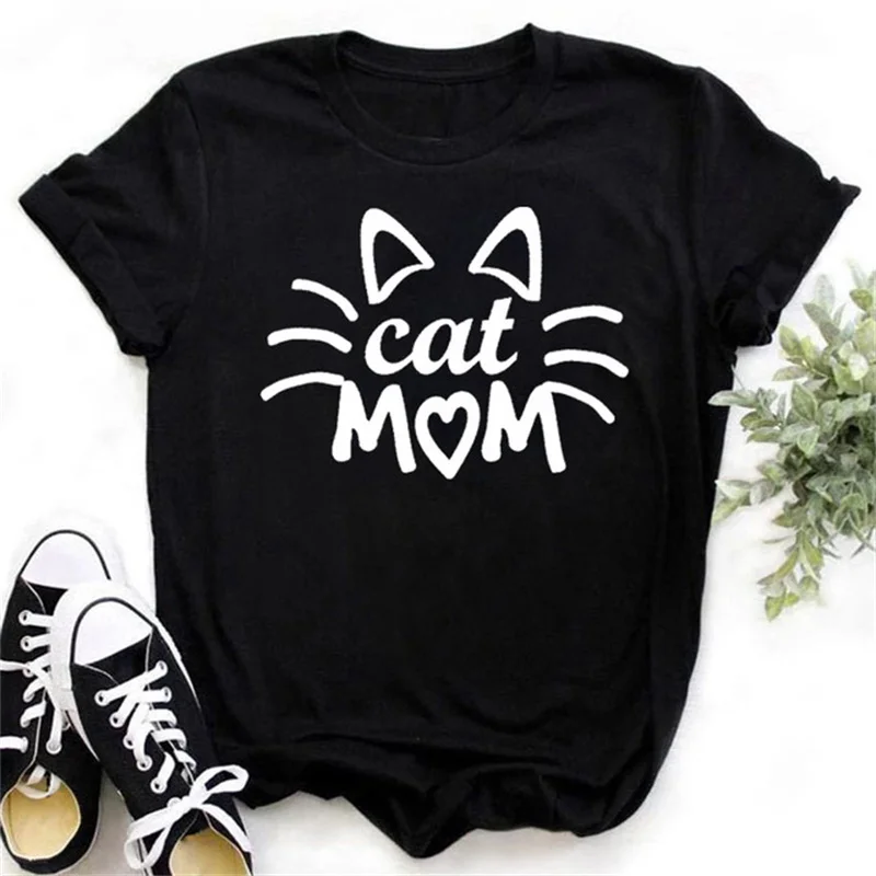 Cute Paw Women T Shirt Fashion Cat MOM Printed Woman Tops Harajuku Punk O-neck Top Tee Black Shirt T Female T-shirt