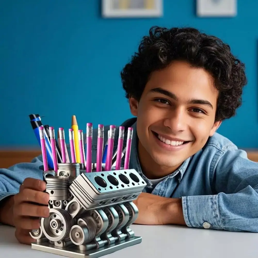 Stationary V6/V8 Engine Shaped Engine Block Pen Holder Ornaments Crafts Desk Organizer Resin Engine Model Desktop Decor Office