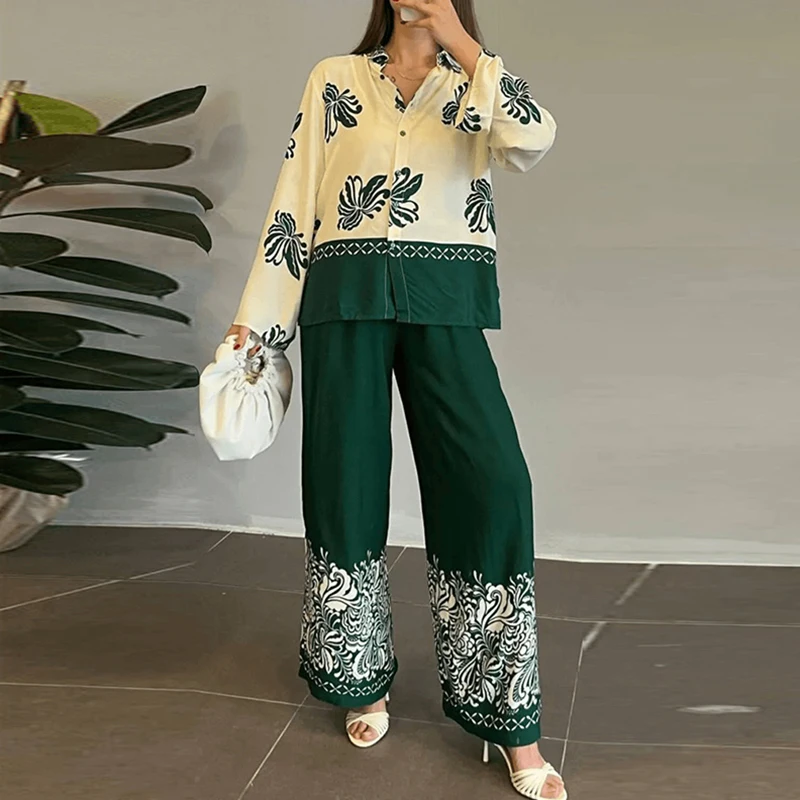 

Autumn Long Sleeve Commute Loose Suit Fashion Pattern Print High Street Casual Set Female Button Shirts+Wide Leg Long Pants Set