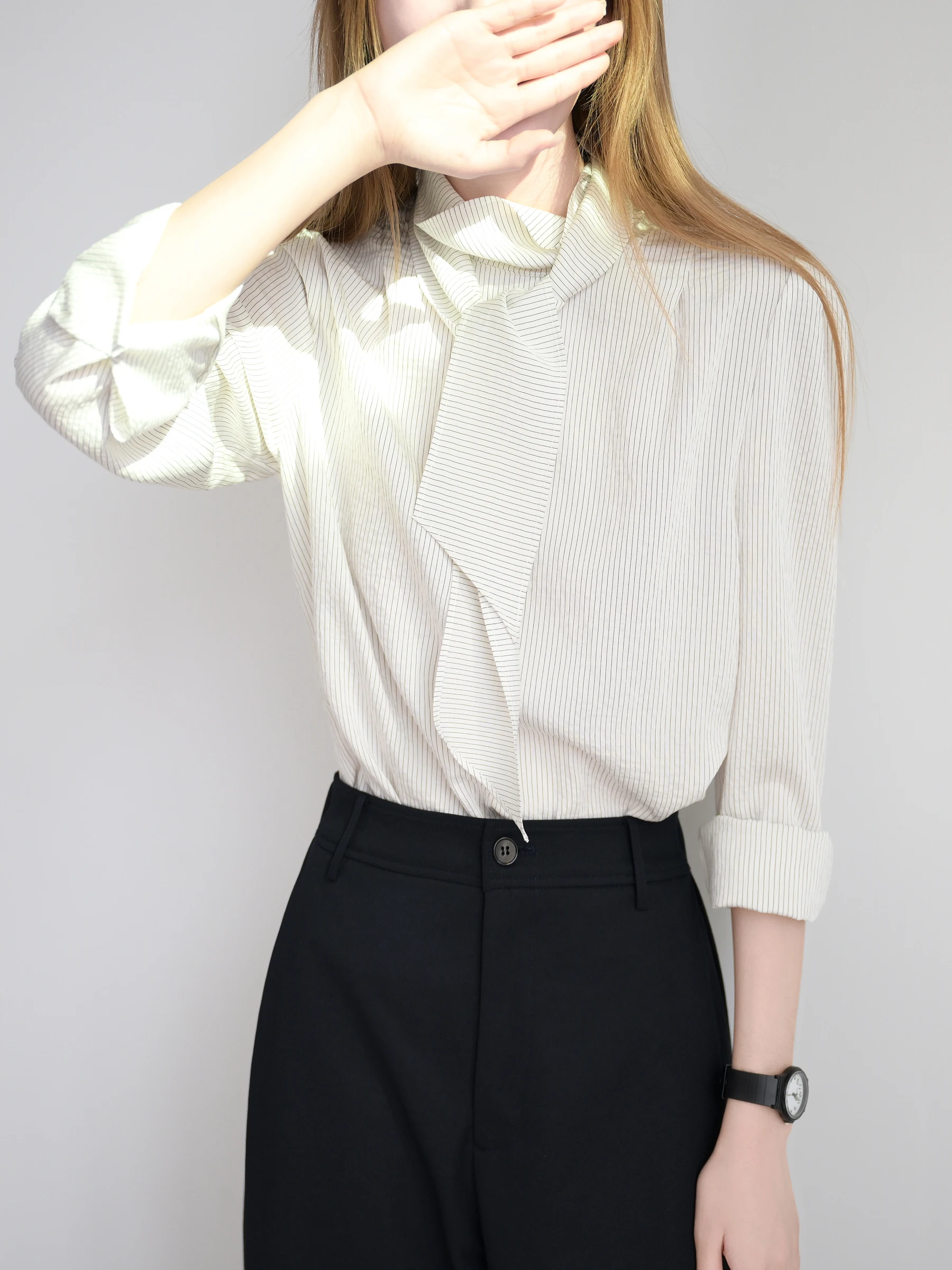 

Ele Long Sve Women's irt TRR Chic Overlap Design Loose Fit Stripe Top Knot Modal Fabric Breathable Skin-Fr...