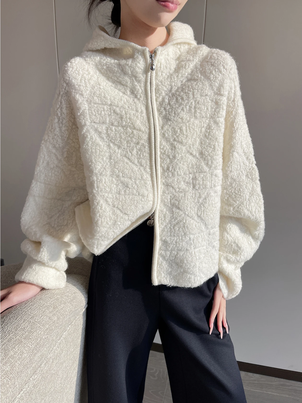 

Women's Zipper Hooded Jaet Soft Cry Winter Outerwear Versatile High-Quali Knitted Sweater Straight Cut Medium Softn