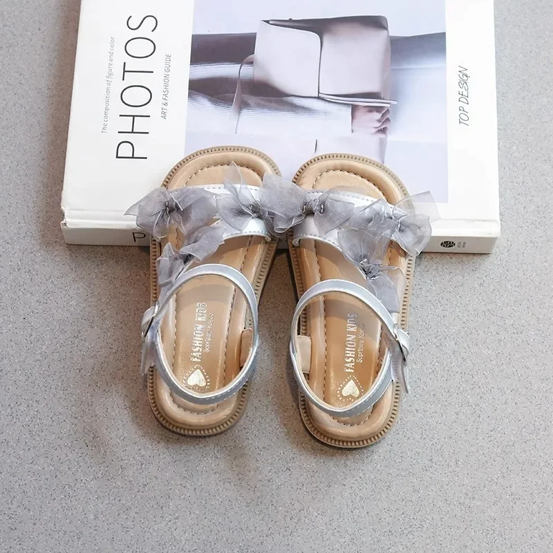 Summer Pretty Girl Princess Sandals Sweet Lace Children's Wedding Party Flat Shoes 2025 New Elegant Bowknot Kids Casual Sandals