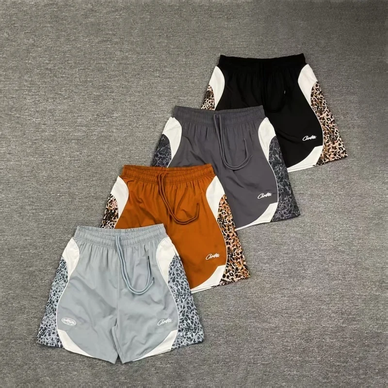 

American Hip Hop Sle Camouflage Letter Logo Embroidery Contrast Color Patchwork Leopard Print Dstring orts for Teens