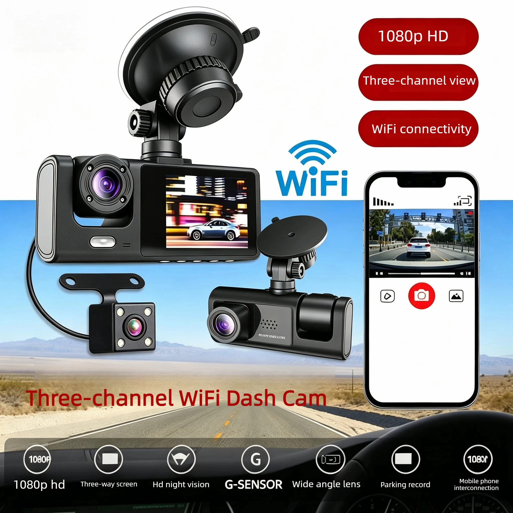 3 Channel Dash Cam Front Inside Rear Full HD 1080P WiFi Car DVR Infrared Night Vision G-Sensor Loop Recording Parking Monitor