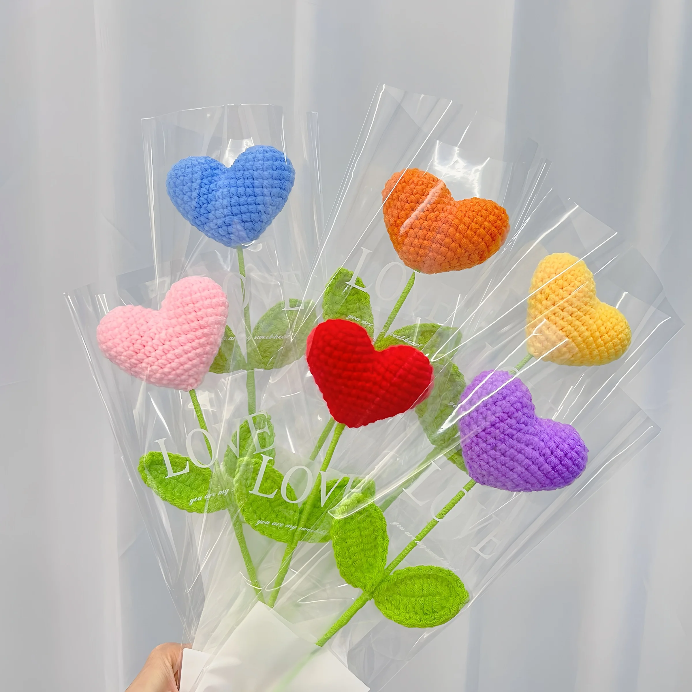 3/6 قطعة باقة كروشيه مصنوعة يدويًا على شكل قلب من البوليستر لا يتطلب سقي هدية مثالية لعيد الحب وعيد الأم