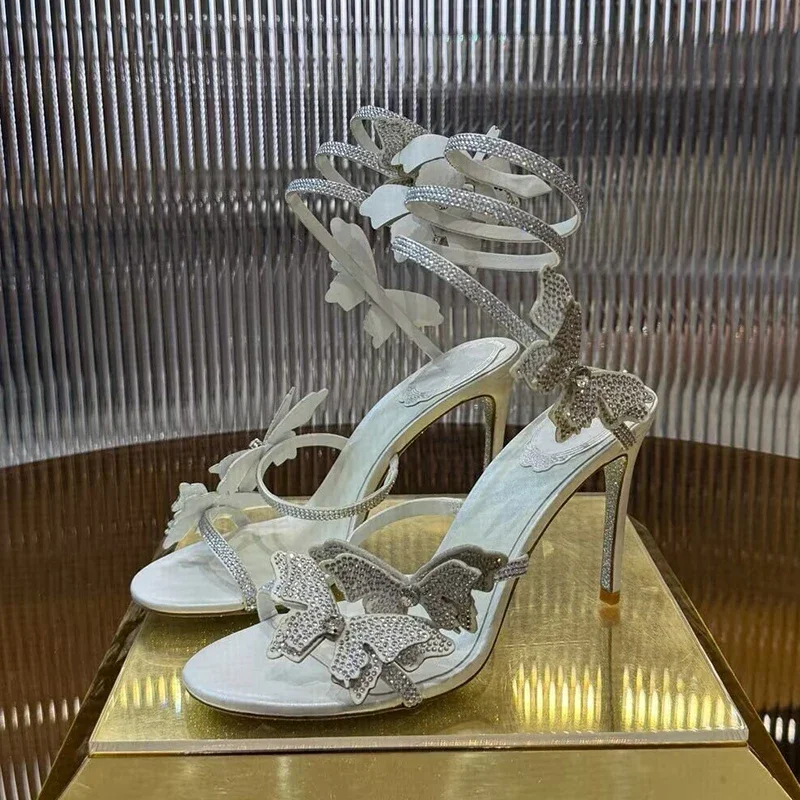 Sandali da donna con cinturino elastico a forma di serpente alla caviglia Sandali con tacco alto sottili Sandali con decorazioni a farfalla con strass Scarpe da festa estive