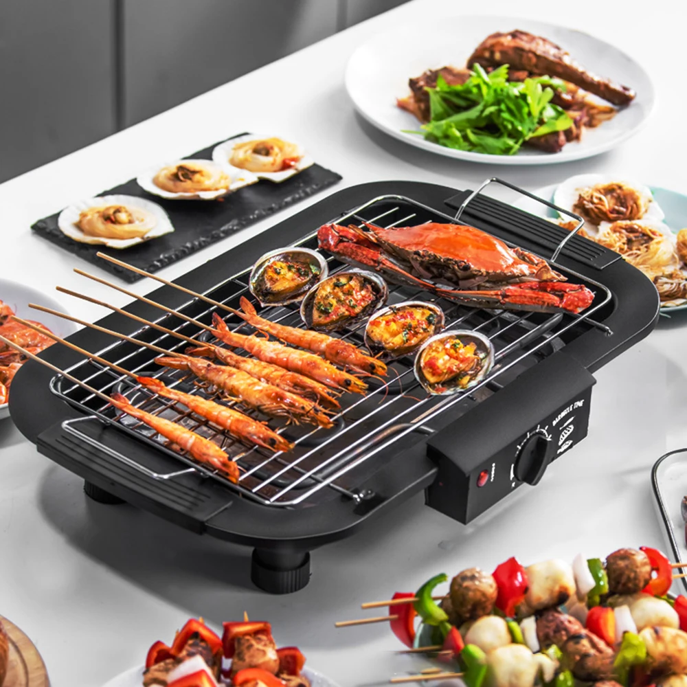 Parrilla eléctrica de sobremesa de 1800-2000W, barbacoa eléctrica con 6 velocidades de temperatura, sartén eléctrica para barbacoa para interiores y exteriores sin humo