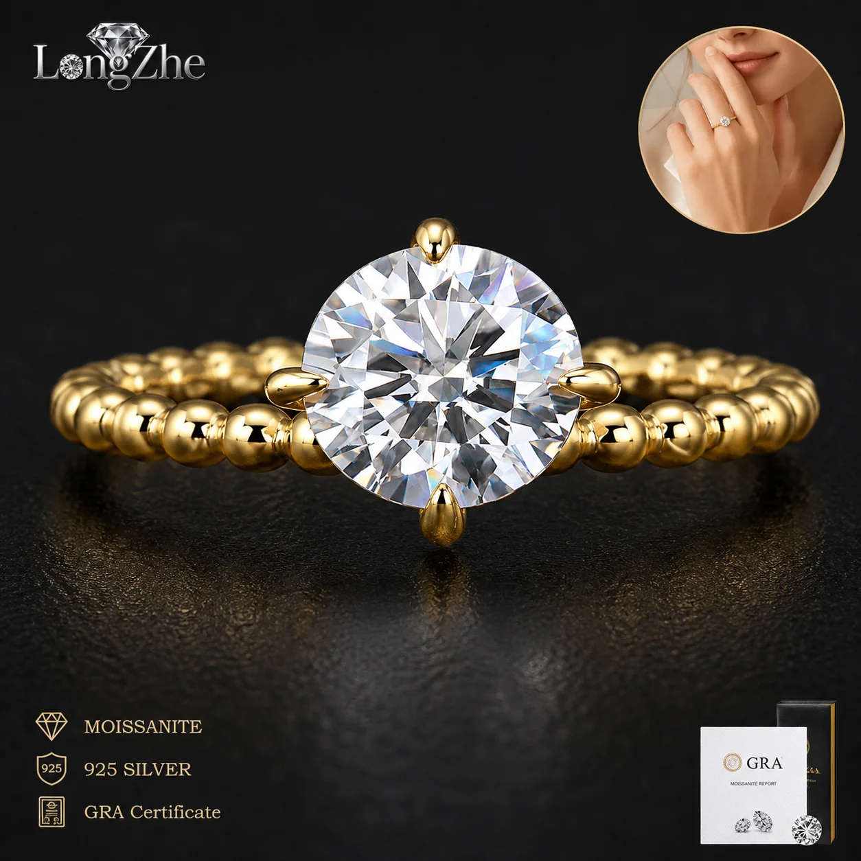 S925 Silver Moissanite Engagement Ring 3CT Round Cut Gold Color Braided Band for Women Wedding Anniversary Fine Jewelry Gift