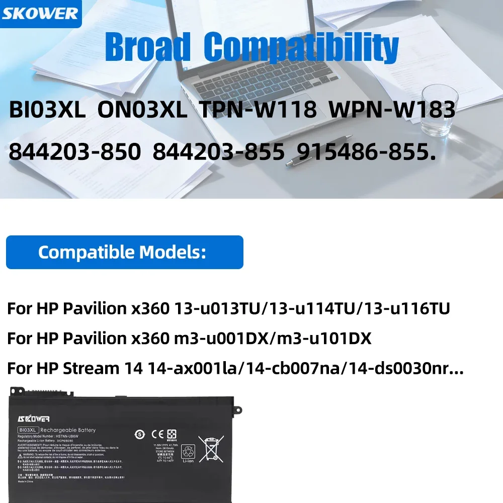 SKOWER BI03XL Battery for HP Stream 14-ds0000 ax000 CB000 Pavilion X360 13-u000 m3-u000 ON03XL HSTNN-LB7P 844203-850 844203-855