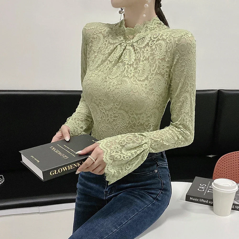 

Women S-2XL Black Paisley Lace T shirt Lady Sexy Turtleneck Long Sleeve Slim Green Pink Coffee Lace Crochet Patchwork Tee Tops