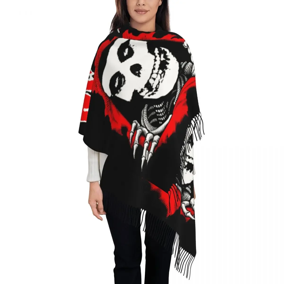 Custom Horror Punk Rock Misfits Skull Tassel Scarf Women Soft Shawl Wrap Ladies Winter Fall Scarves