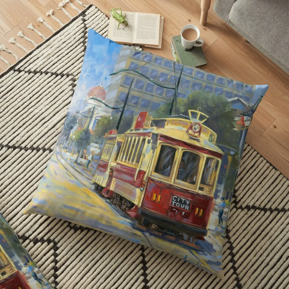 

Christchurch Tram - New Zealand by Livia Dias Floor Pillow Decorative Cushions For Living Room