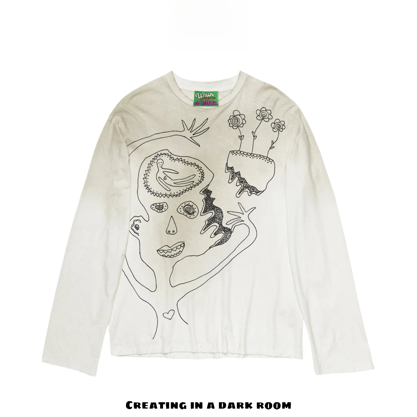 興味深いソウルアブストラクトスタイル、楽しくてゆったりとした80gのダーティロングtシャツ、軽量ではないが使い古したような風合い、ファッションアクセサリー