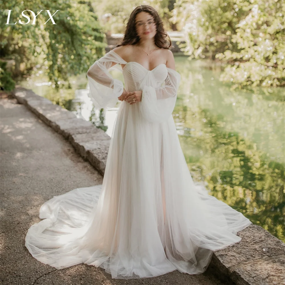 LSYX Puff Sleeves Off-Shoulder Pleat Tulle A-Line Wedding Dress High Side Slit Lace Up Back Court Train Bridal Gown Custom Made