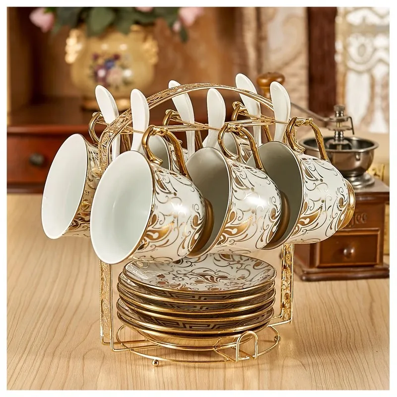 

European Ceramic Tea Cup And Saucer Set Chinese Ivory Gold Bone China Coffee Cups Creamer Sugar Bowl Teatime Teapot Mug
