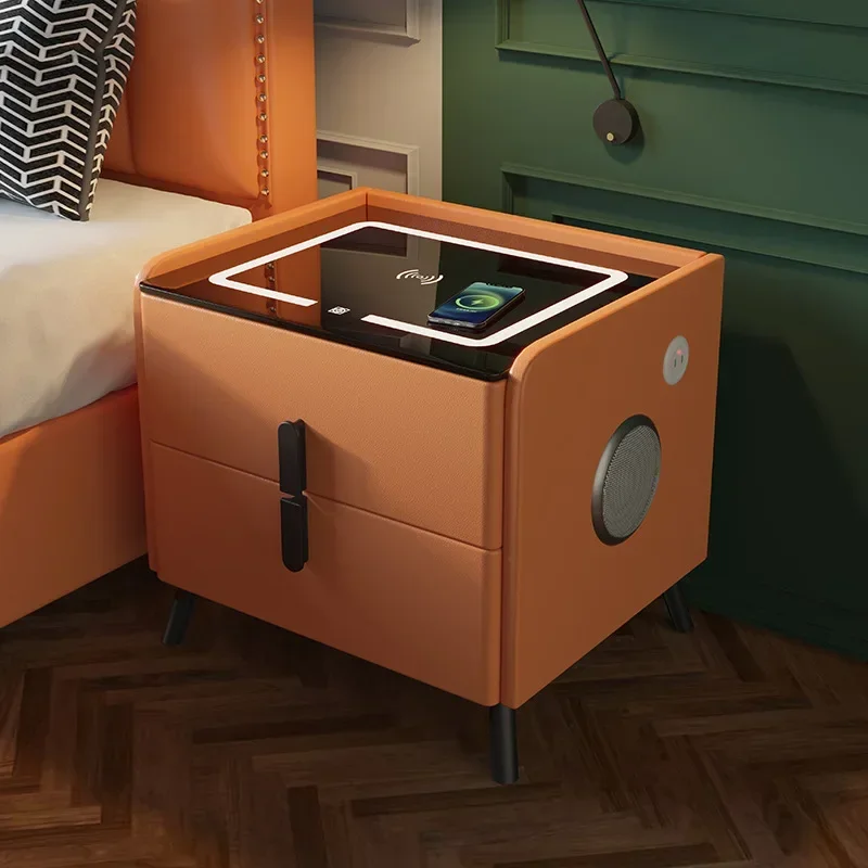 

Solid wood intelligent bedroom bedside table moderate style drawer multifunctional storage cabinet imitation leather bedside