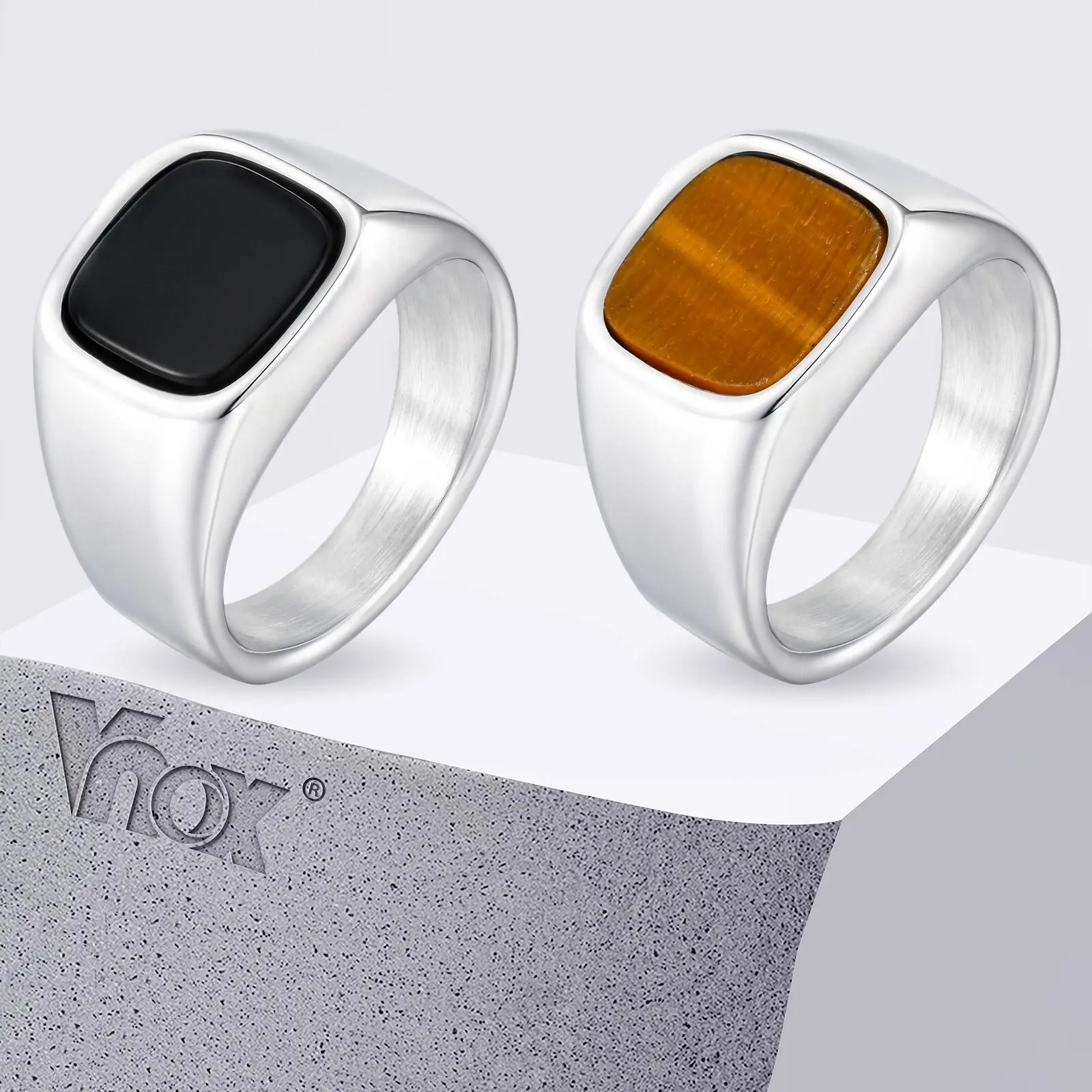 

Vnox Men's Stainless Steel Square Ring, 13mm Wide Waterproof Band with Tiger Eye/Glass Stone, Punk Style Thumb Ring Gift for Him