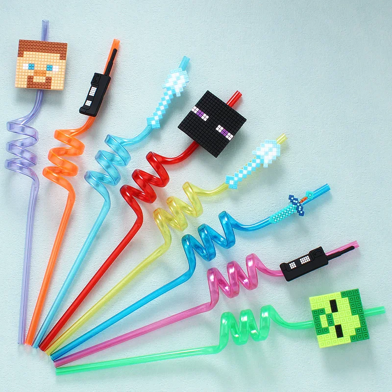 8pcs 26cm My World Pixel Straw Reusable Miner Plastic Spiral Drinking Straws Kids Birthday Party Decorations Juice Straws