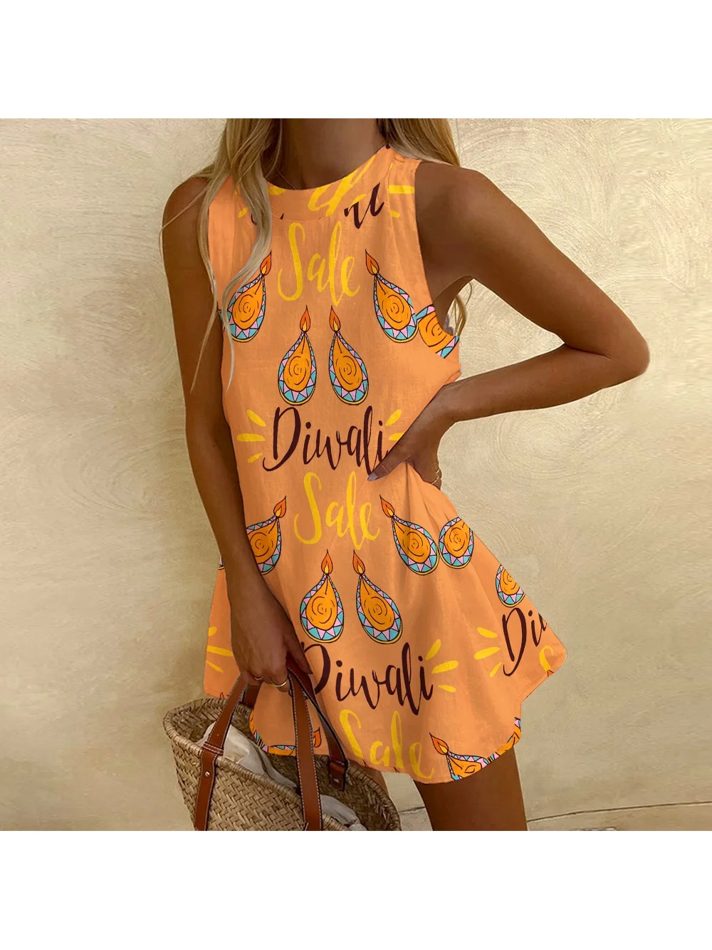 Ladies' New Golden Beach Dress Hanukkah Print Luxury High Waist Sleeveless Holiday Dress Chic Casual Dress