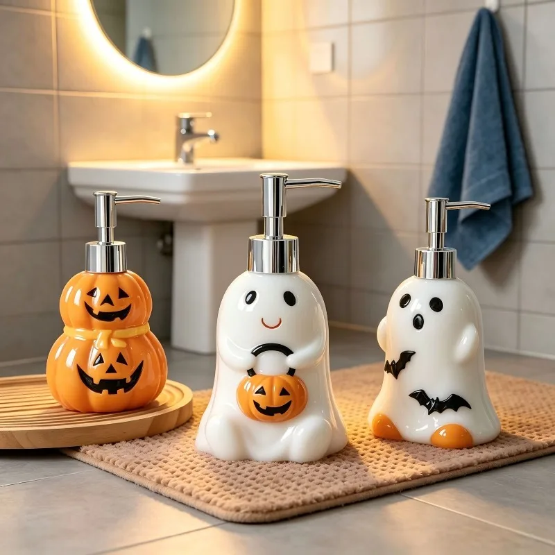 280ML Halloween Ghost Pumpkin Shaped Ceramic Lotion Bottle Bathroom Soap Dispenser Home Hand Soap Body Wash Refillable Bottle