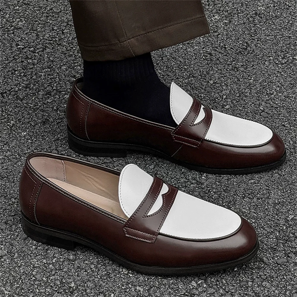 

2026 Summer New Men's One Step Leather Shoes Casual Lazy Loafers Round Toe Color Patchwork Slip On Elegant Comfort Single Shoes