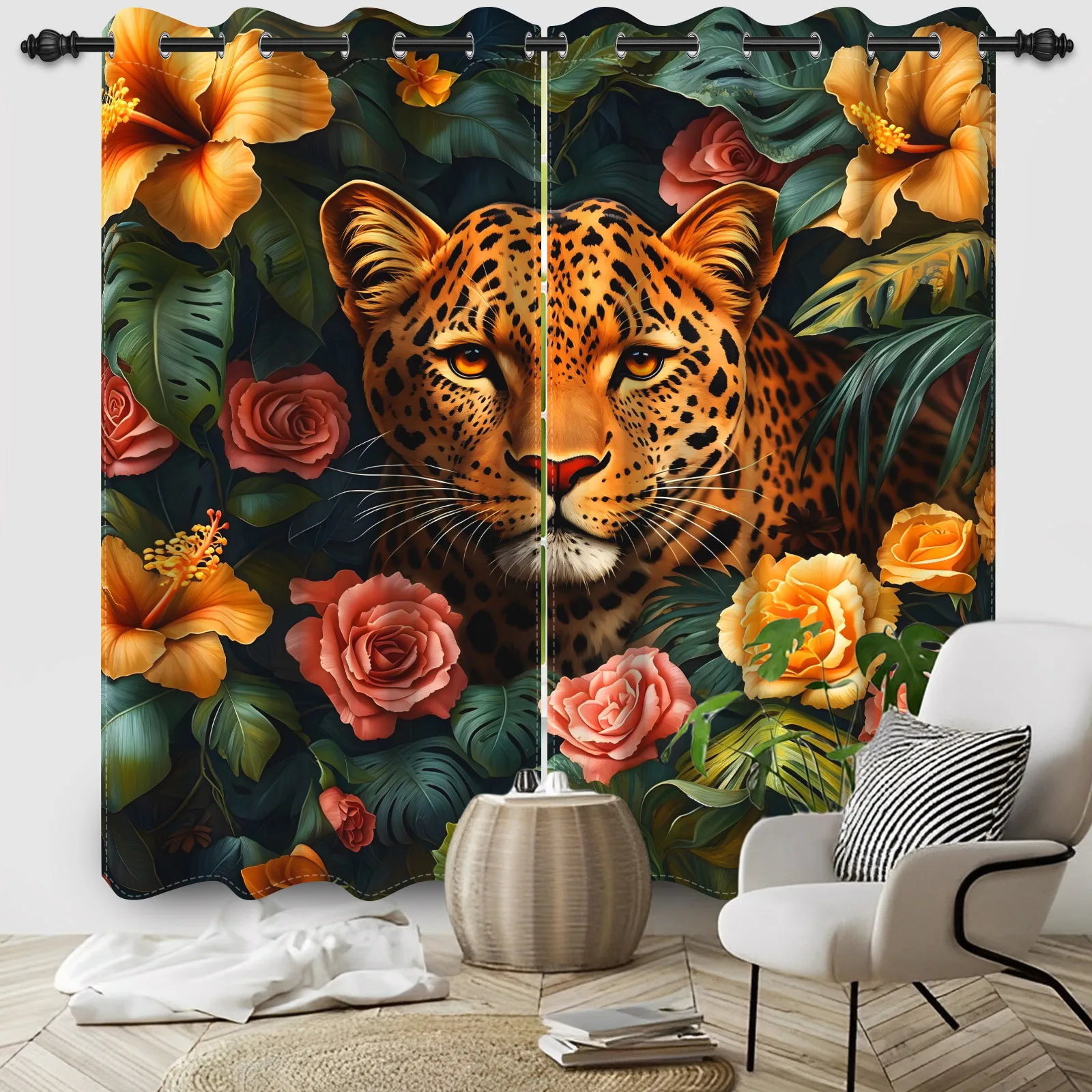 2pcs/set Flowers and Leopards Window Curtain Modern Nordic Bedroom Living Room Decorations Blackout Polyester Fabric Curtains