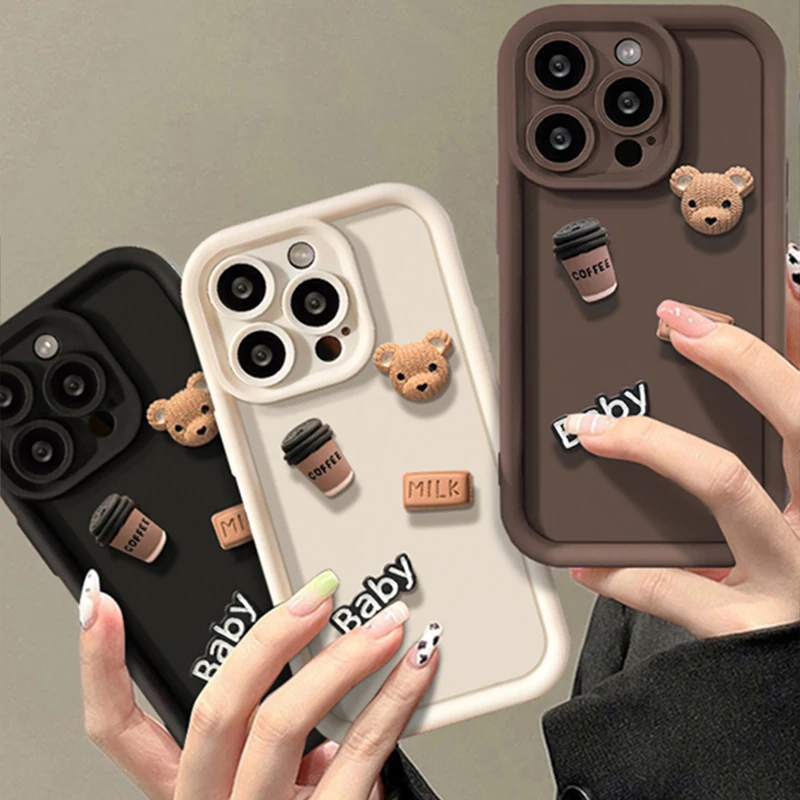 Cute 3D Bear Coffee Case for Samsung Galaxy S24 S23 Ultra S22 S21 Plus S20 FE A12 A32 A52 A52S A23 A33 A53 A14 A34 A54 Cover 