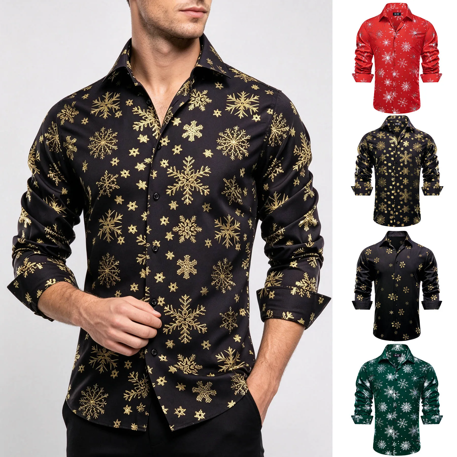 Men's snowflake pattern gold-foil black red  green single-breasted lapel casual shirt for vacation dating parties and Christmas