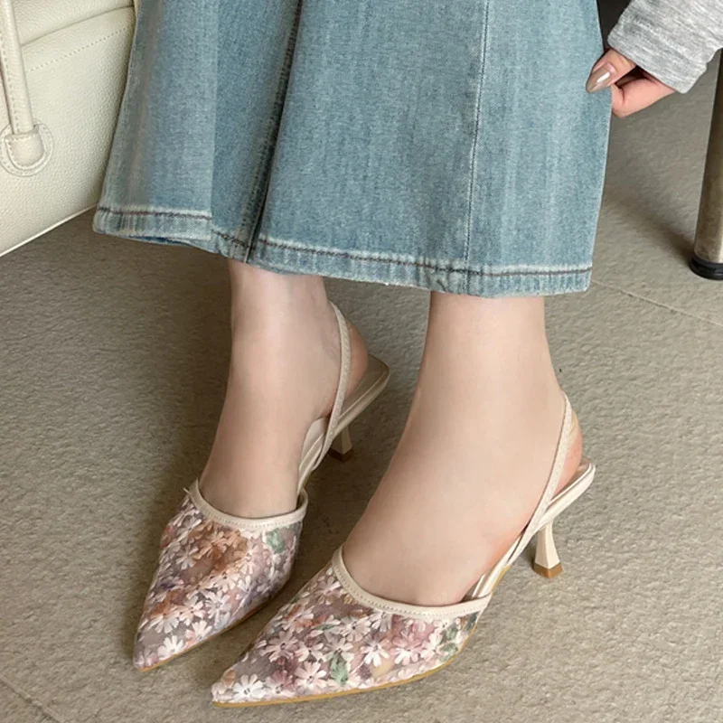Women's Pointed Toe Floral Print Mesh Slingback Strap Kitten Heel Pumps, Romantic Sweet Daily Evening Footwear, Drop Shipping