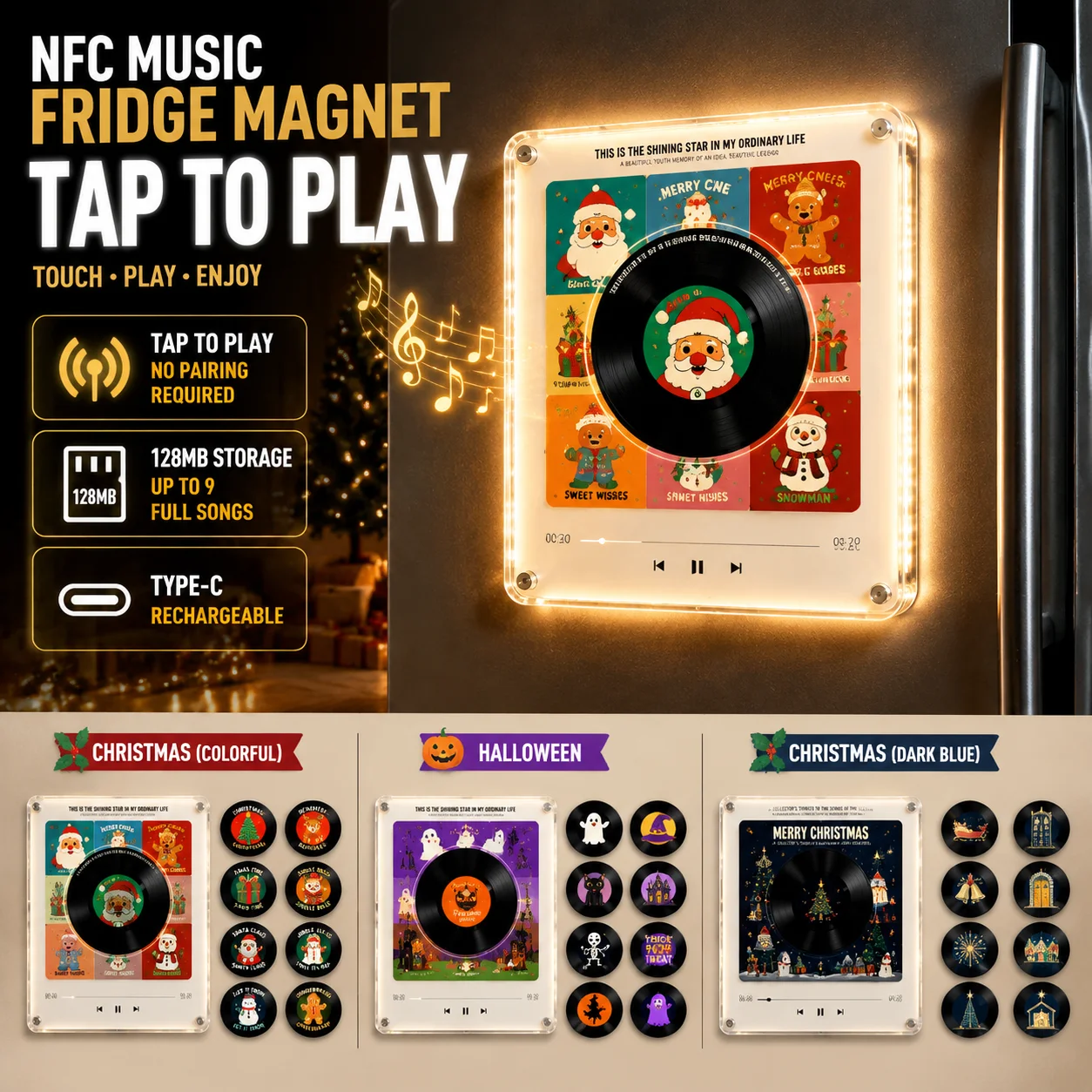 NFC Music Fridge Magnet With LED Light Tap To Play Record Player Refrigerator Sticker 128MB Type‑C Christmas Halloween Gift