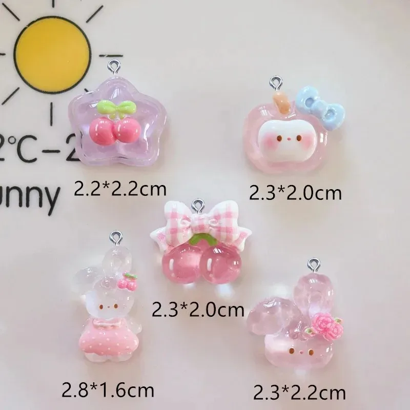 10Pcs Cute Cherry Rabbit Resin Charms Kawaii Cartoon Animal Pendants DIY Craft Findings for Keychain Earrings Necklace Jewelry