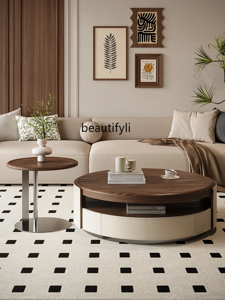 Retro Affordable Luxury Tea Table Natural Solid Wood Wood Grain Living Room Saddle Leather round Combined Tea Table Household