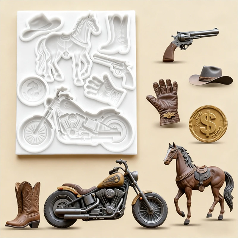 Western cowboy left wheel silicone mold gloves, motorcycle leather boots, horse coin shape DIY handmade chocolate candy molds