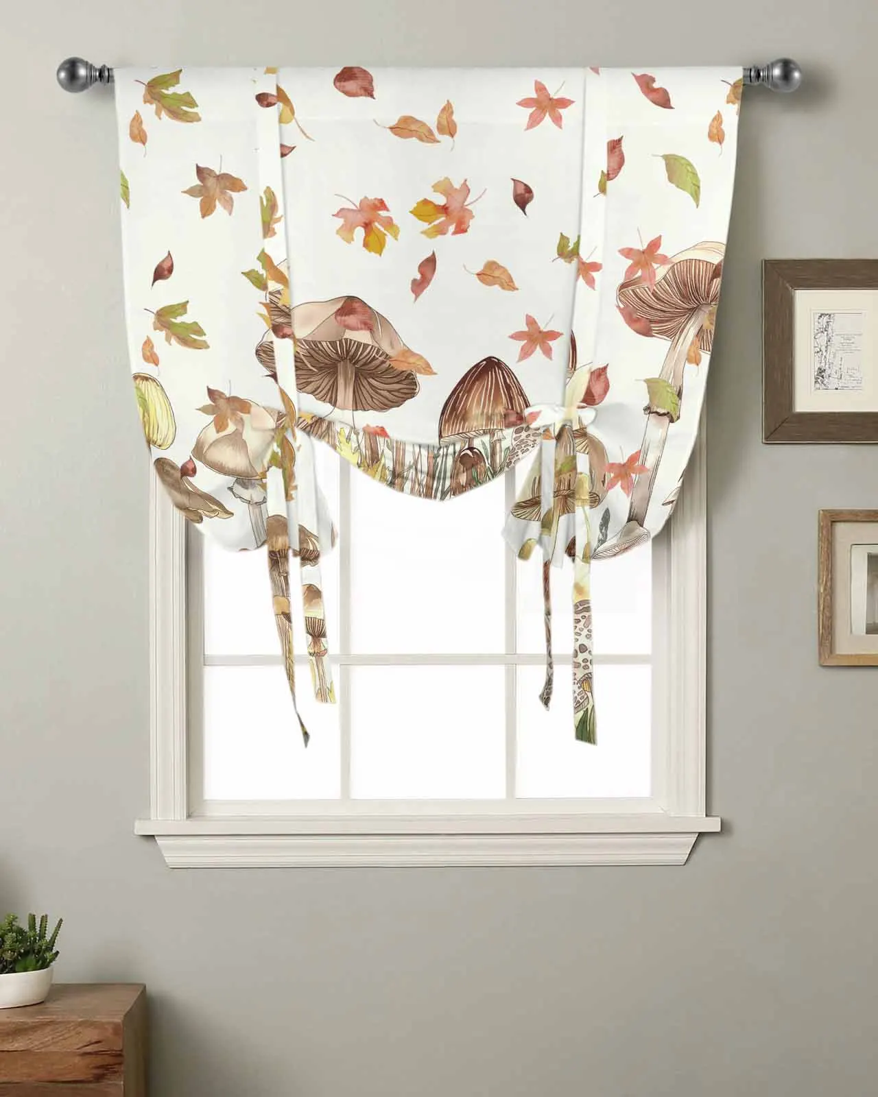 Autumn Watercolor Mushroom Leaves Window Curtain for Living Room Home Decor Blinds Drapes Kitchen Tie-up Short Curtains