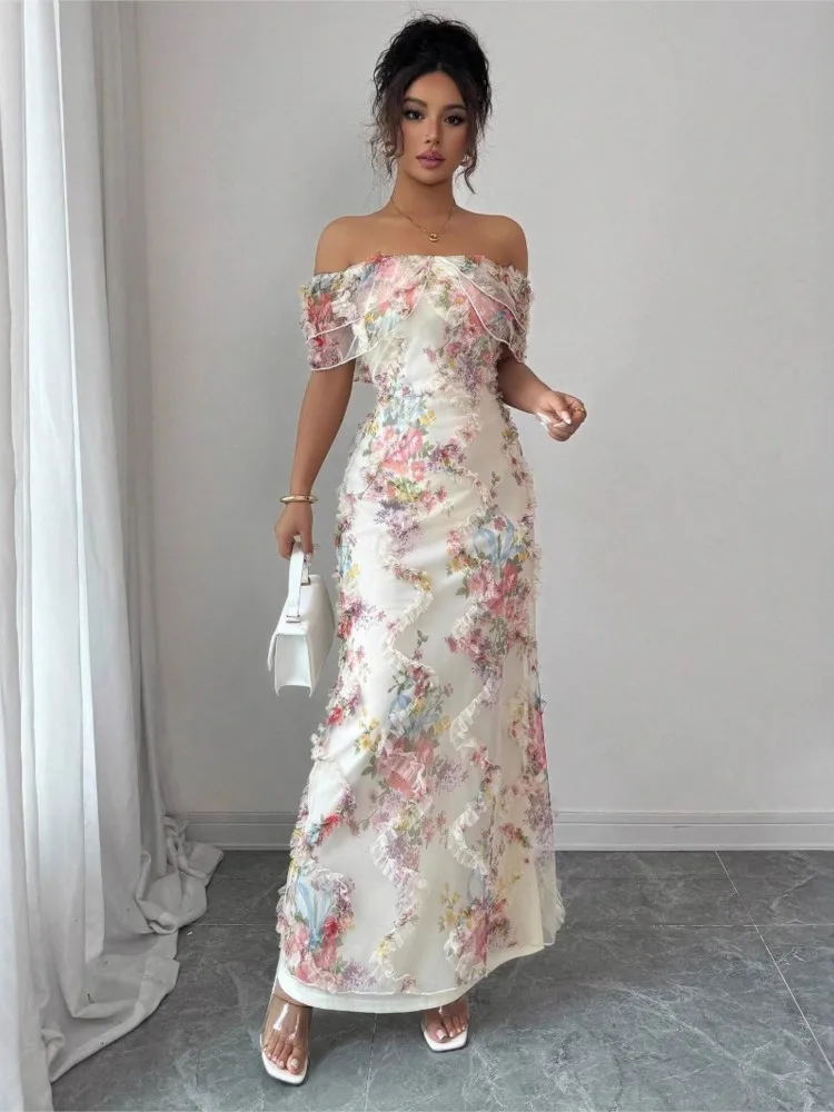 Sexy Boat Neck Dress For Women Fashion Spring Summer Elegant Romantic Ruffled Off-shoulder Waisted Floral Printing Dress Female