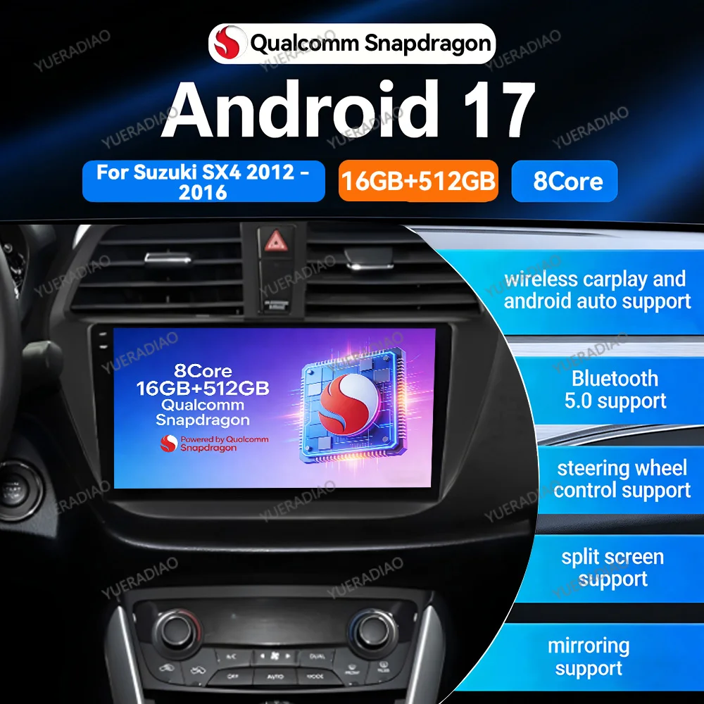 Android 17 Car Radio For Suzuki SX4 2 S-Cross 2012 - 2016 Multimedia Video Player GPS NAVI QLED Qualcomm 4G LTE 5G WIFI BT 2DIN