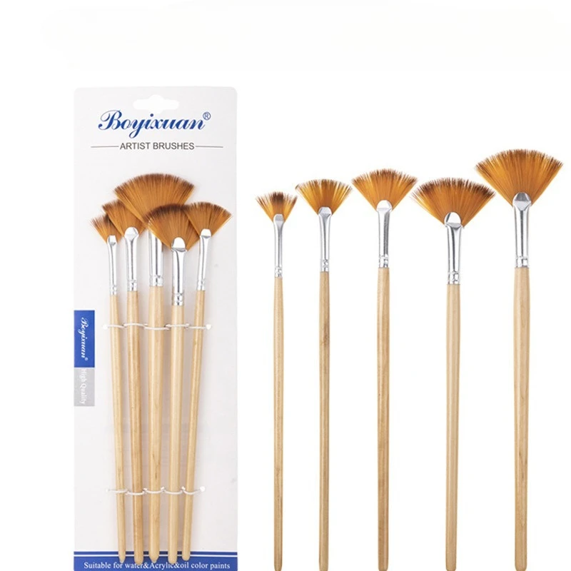 

5pcs/set Sector Watercolor Brushes Nylon Wooden Fan Brush Set for Oil Acrylic Watercolor Painting Multi-Purpose Art Brushes