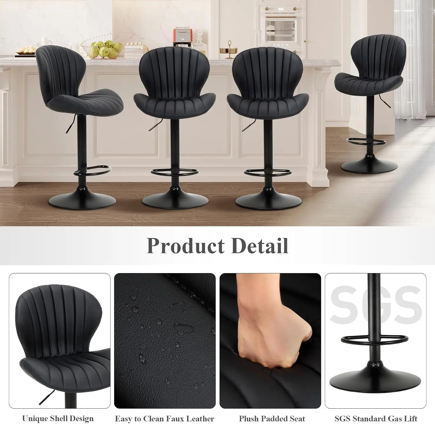 바 스툴 2개 세트, 현대적인 회전 바 의자, 조절 가능한 인조 가죽 덮개를 씌운 바 스툴 카운터 높이(하이 백 포함)