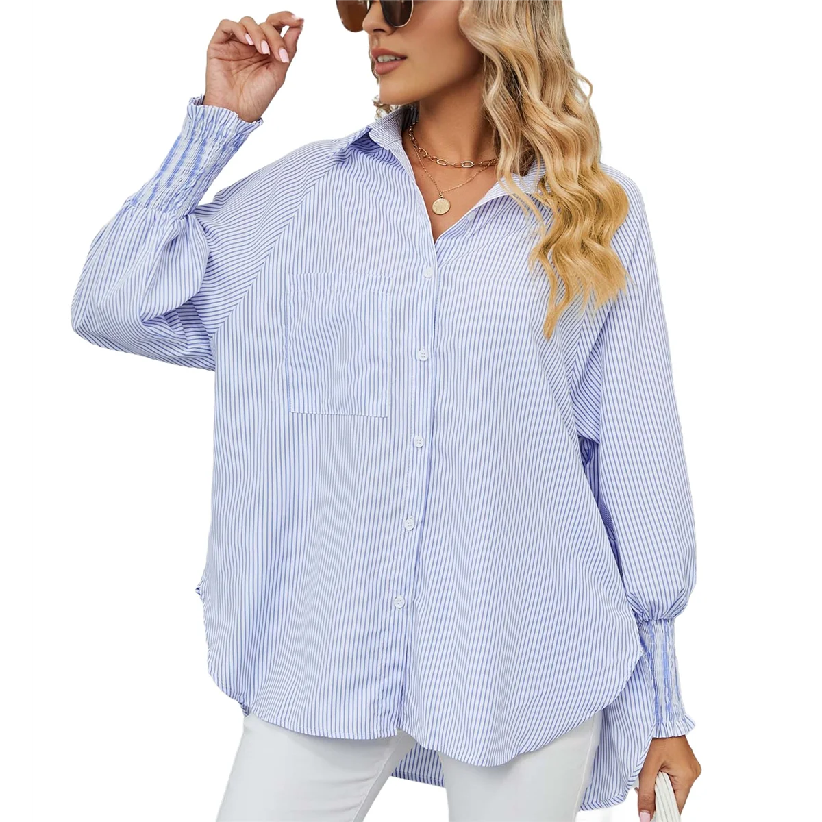 

Womens Striped Button Down Shirts Long Sleeve Tunic Tops Blue XXL