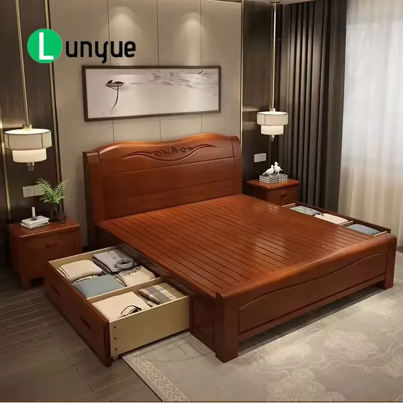 European Classic Design Wooden Bed with Box Storage Solid Wood Frame High Capacity Underbed Drawer Organizer Space Saving