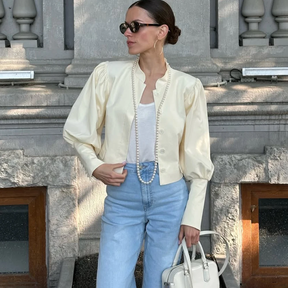 

Элегантная рубашка с пышными рукавами, женская мода, однотонный повседневный кардиган, пальто, уличная блузка, тонкая офисная женская рубашка, куртка, наряд