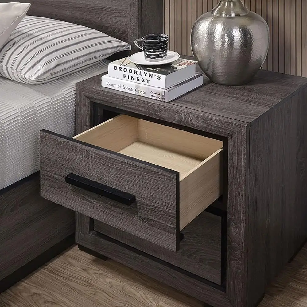 DB Gray Smart Nightstand 1pc Oak Bedroom Furniture With 2-Drawers Two-tone Design And Black Trim Paper Veneer Bedside Table
